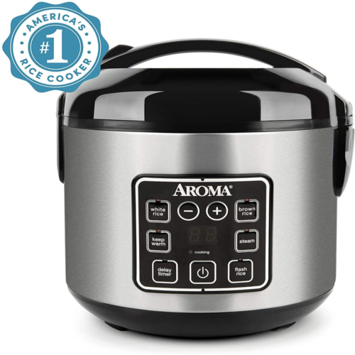 programmable rice cooker with 8 cups and a steamer basket.